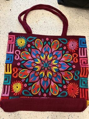 BEE YOU BOO Burgundy Embroidered Mandala Tote with Multicolor Accents